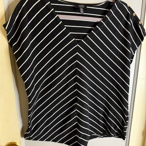 Jones New York Black and White Diagonal Stripe V-Neck Top